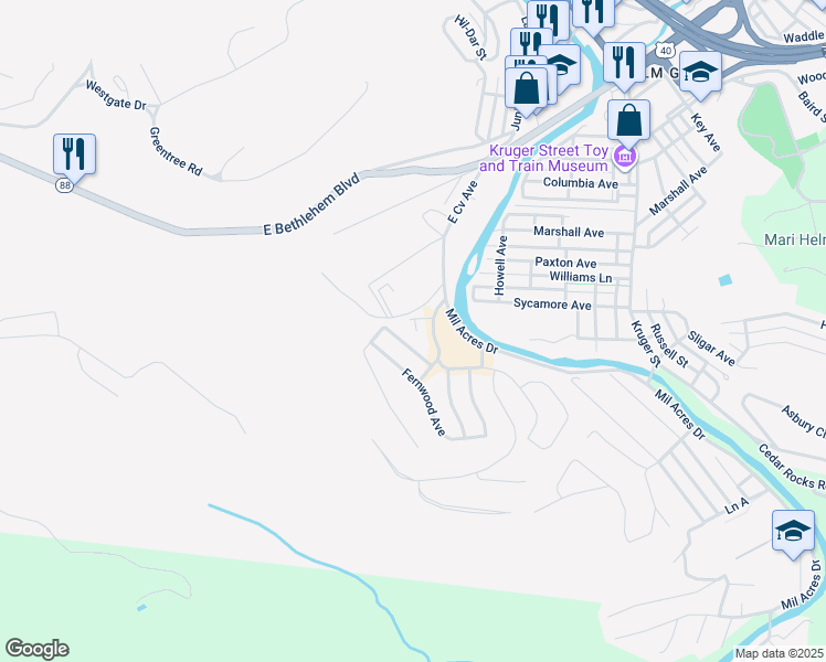 map of restaurants, bars, coffee shops, grocery stores, and more near 90 East Cove Avenue Ext in Wheeling