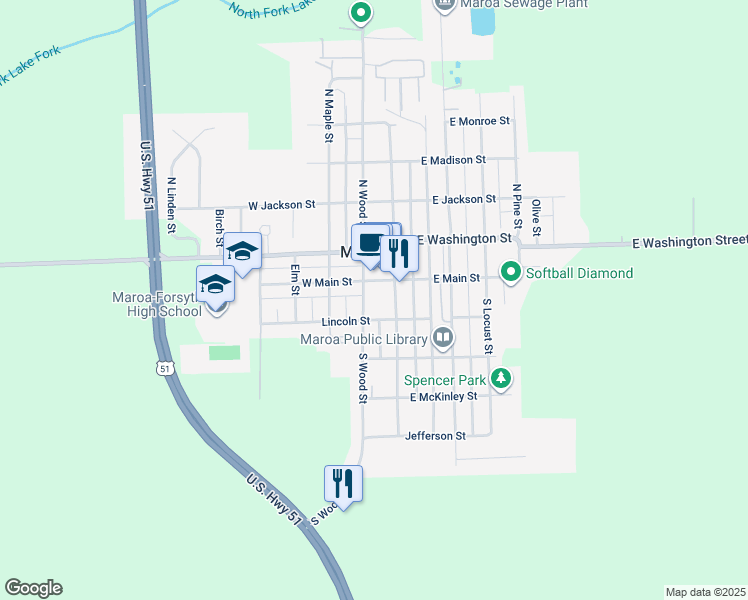 map of restaurants, bars, coffee shops, grocery stores, and more near 125 West Main Street in Maroa