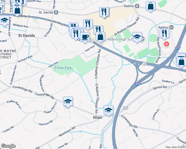 map of restaurants, bars, coffee shops, grocery stores, and more near 206 South Radnor Chester Road in Villanova