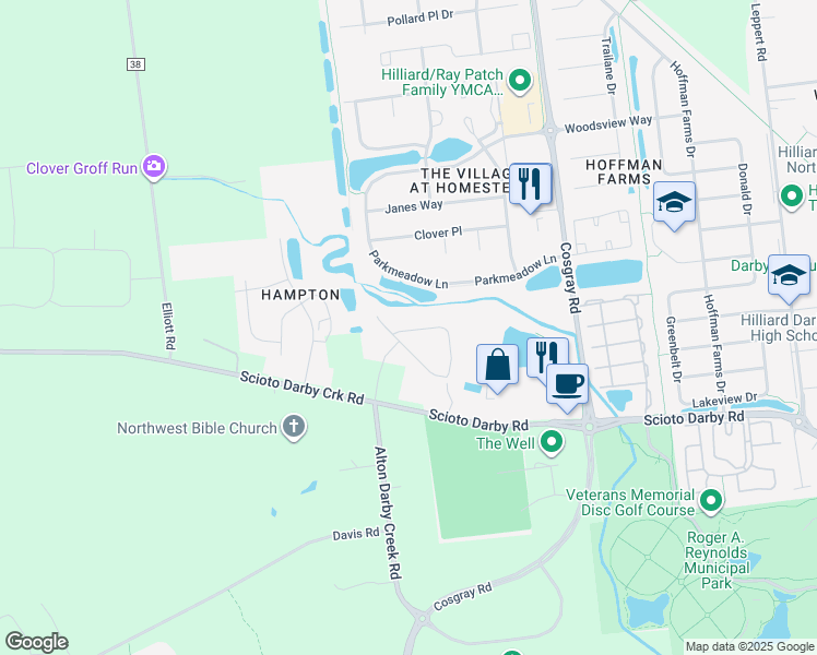 map of restaurants, bars, coffee shops, grocery stores, and more near 6298 Sedge Lane in Hilliard