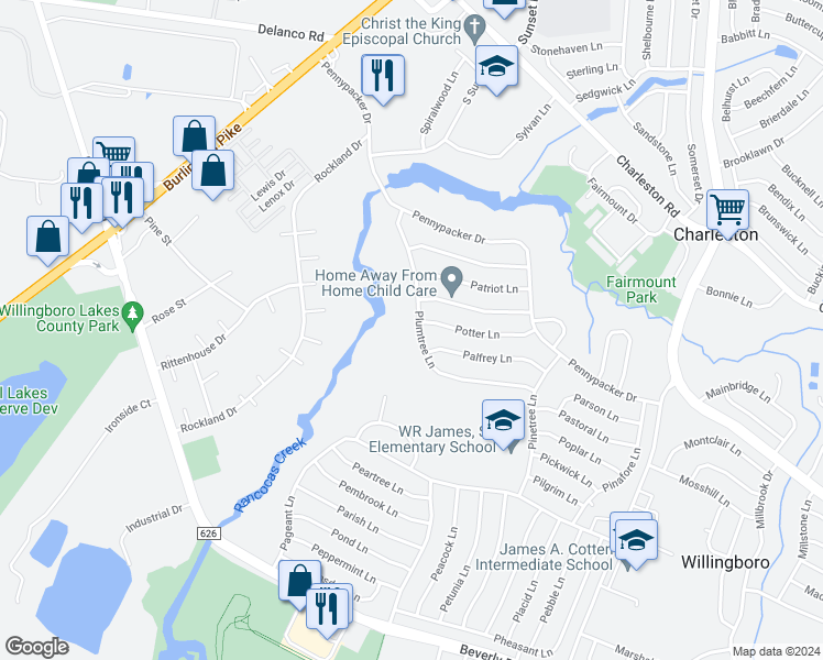 map of restaurants, bars, coffee shops, grocery stores, and more near 79 Plumtree Lane in Willingboro