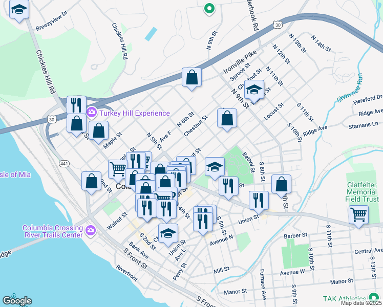map of restaurants, bars, coffee shops, grocery stores, and more near 559 Walnut Street in Columbia