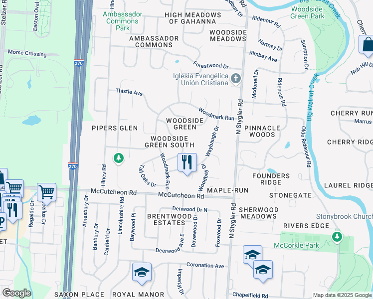map of restaurants, bars, coffee shops, grocery stores, and more near 492 Springwood Lake Drive in Columbus