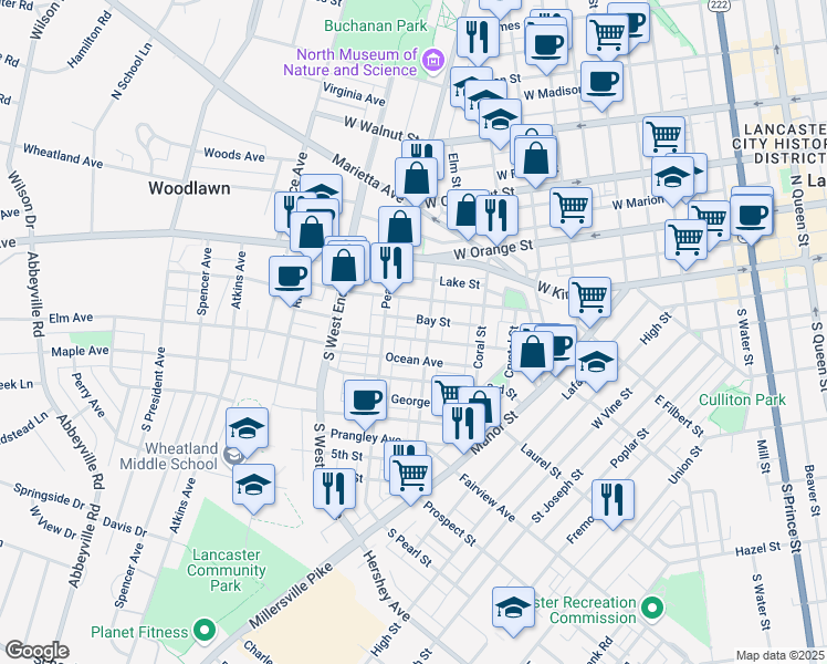 map of restaurants, bars, coffee shops, grocery stores, and more near 717 2nd Street in Lancaster