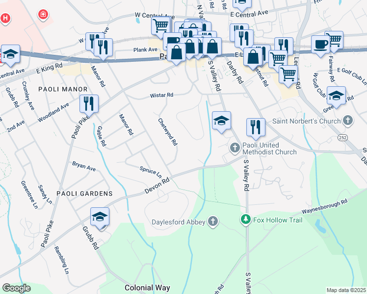 map of restaurants, bars, coffee shops, grocery stores, and more near 29 Chetwynd Road in Paoli