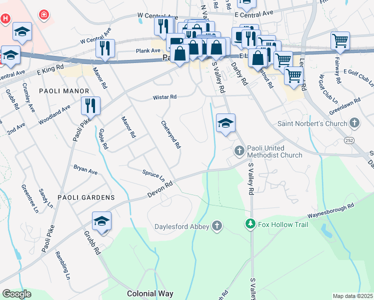 map of restaurants, bars, coffee shops, grocery stores, and more near 29 Chetwynd Road in Paoli
