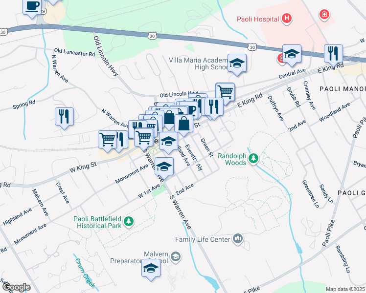 map of restaurants, bars, coffee shops, grocery stores, and more near 117 Woodland Avenue in Malvern