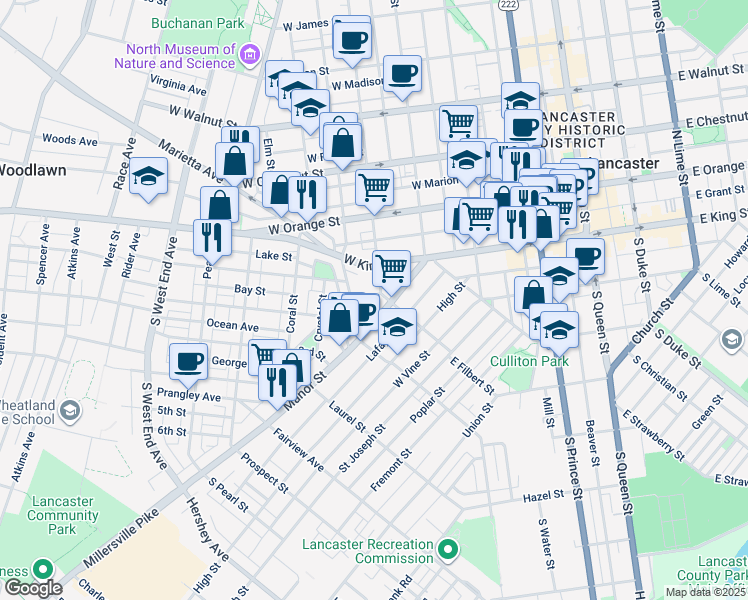 map of restaurants, bars, coffee shops, grocery stores, and more near 26 West Filbert Street in Lancaster