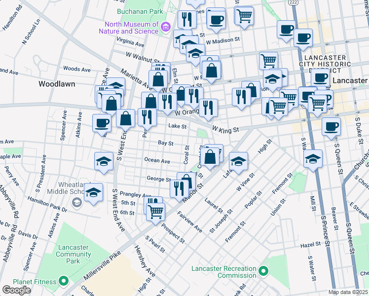 map of restaurants, bars, coffee shops, grocery stores, and more near 130 Coral Street in Lancaster