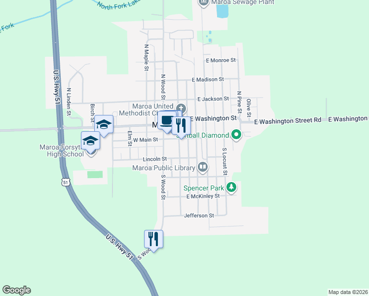 map of restaurants, bars, coffee shops, grocery stores, and more near E Main St in Maroa