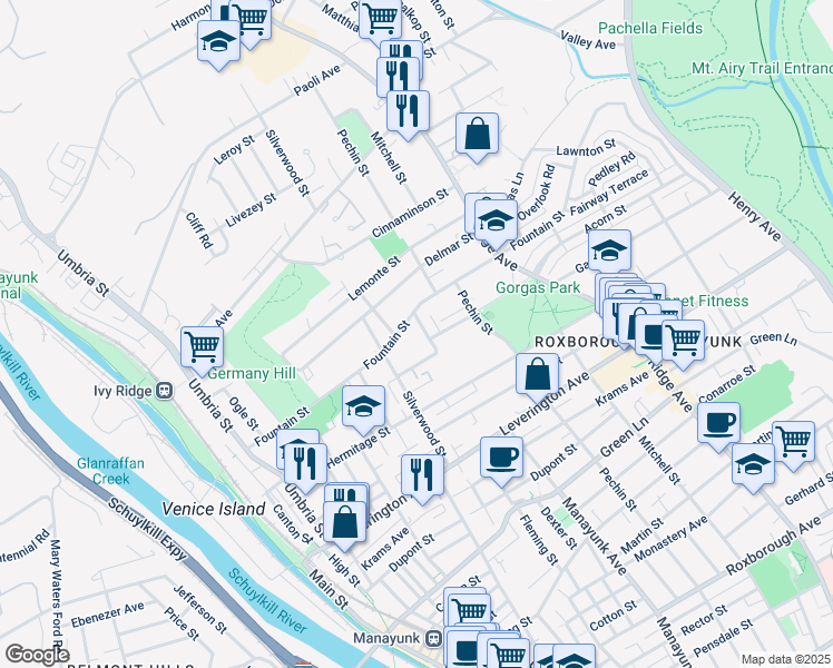 map of restaurants, bars, coffee shops, grocery stores, and more near 4770 Manayunk Avenue in Philadelphia