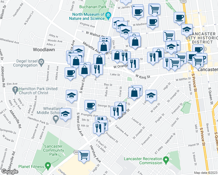 map of restaurants, bars, coffee shops, grocery stores, and more near 107 Ruby Street in Lancaster