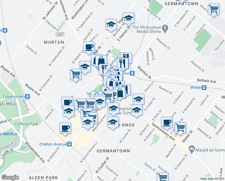 map of restaurants, bars, coffee shops, grocery stores, and more near 2 East Chelten Avenue in Philadelphia