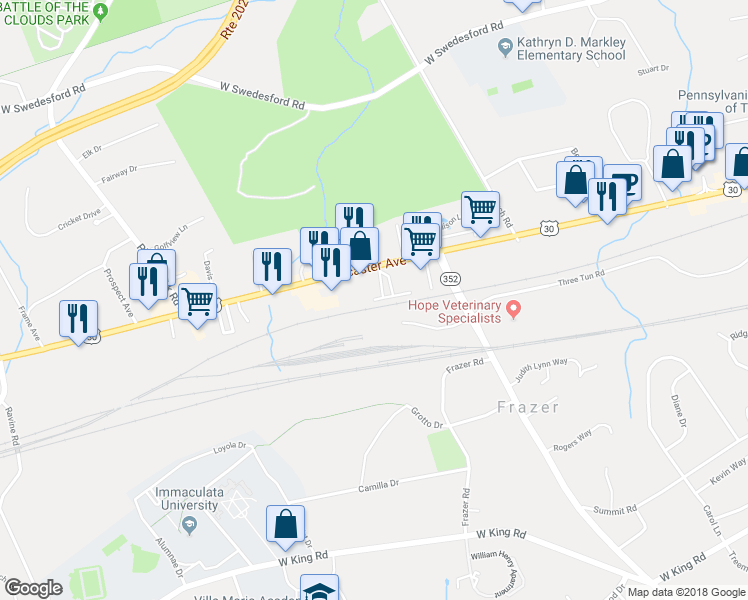 map of restaurants, bars, coffee shops, grocery stores, and more near 18 Friendship Lane in Malvern