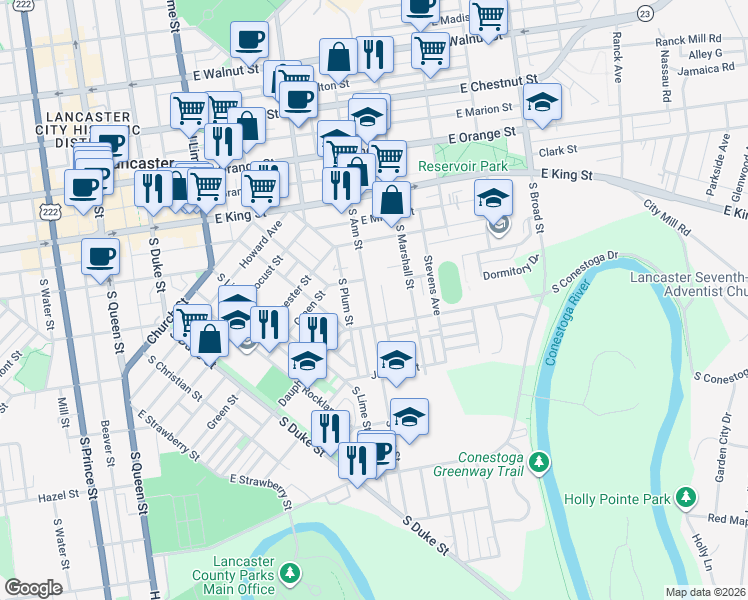 map of restaurants, bars, coffee shops, grocery stores, and more near None in Lancaster