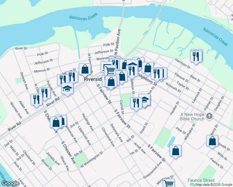 map of restaurants, bars, coffee shops, grocery stores, and more near 213 South Pavilion Avenue in Riverside