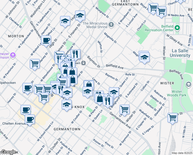 map of restaurants, bars, coffee shops, grocery stores, and more near 212 Church Lane in Philadelphia
