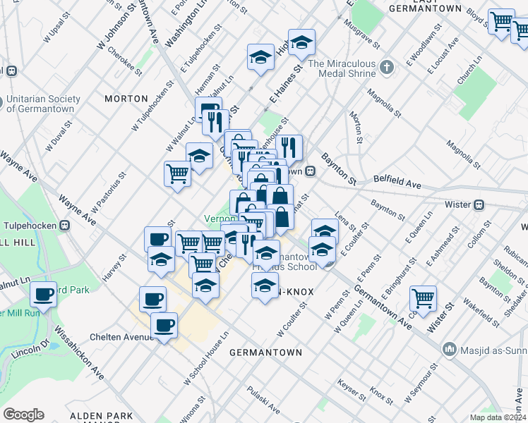 map of restaurants, bars, coffee shops, grocery stores, and more near 1 East Chelten Avenue in Philadelphia