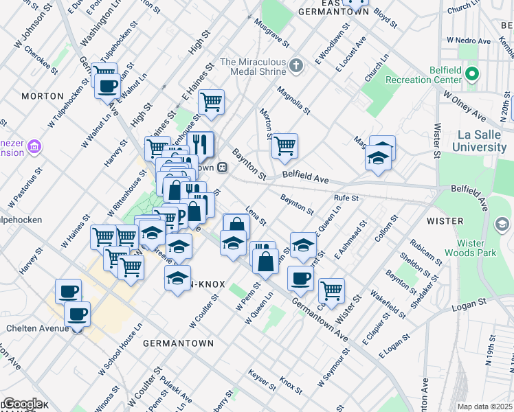 map of restaurants, bars, coffee shops, grocery stores, and more near 212 Church Lane in Philadelphia