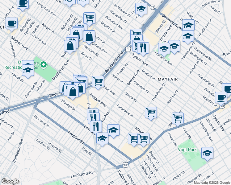 map of restaurants, bars, coffee shops, grocery stores, and more near 2813 Rawle Street in Philadelphia