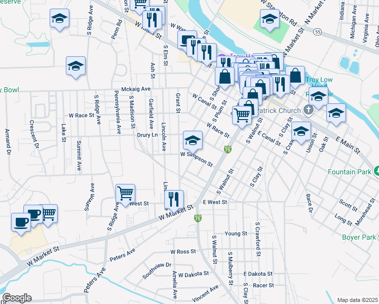 map of restaurants, bars, coffee shops, grocery stores, and more near 209 West Simpson Street in Troy