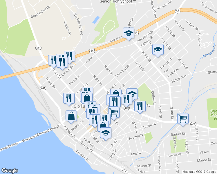 map of restaurants, bars, coffee shops, grocery stores, and more near 514 Chestnut St in Columbia