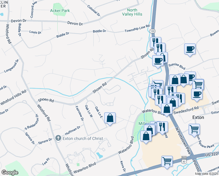 map of restaurants, bars, coffee shops, grocery stores, and more near 224 Fox Run in Exton