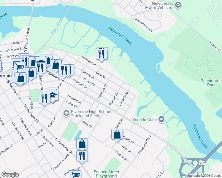 map of restaurants, bars, coffee shops, grocery stores, and more near 401 Laycock Street in Riverside