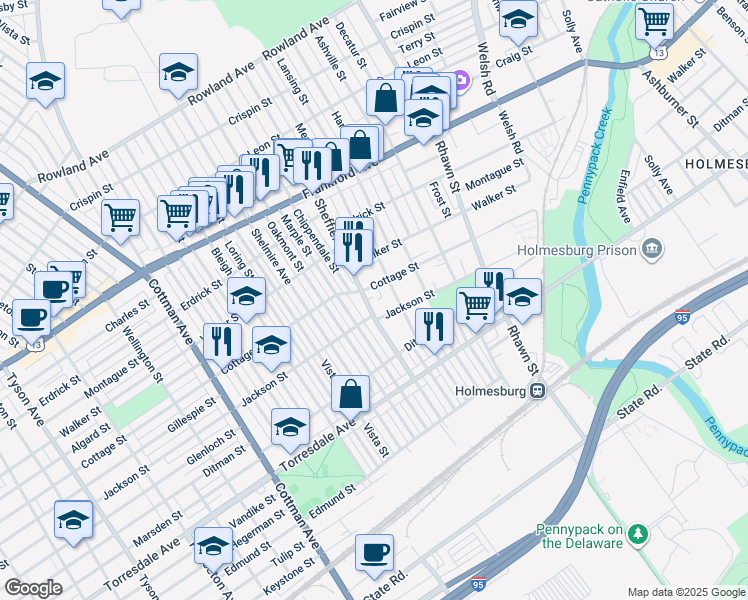 map of restaurants, bars, coffee shops, grocery stores, and more near 4411 Sheffield Avenue in Philadelphia
