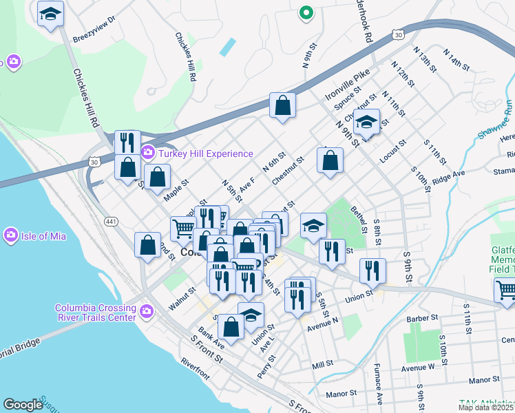 map of restaurants, bars, coffee shops, grocery stores, and more near 514 Chestnut St in Columbia