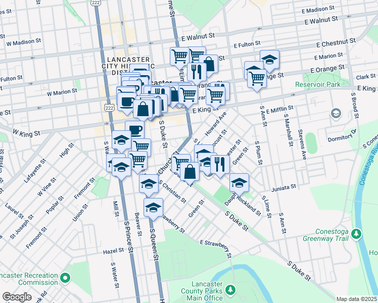map of restaurants, bars, coffee shops, grocery stores, and more near 238 Howard Avenue in Lancaster
