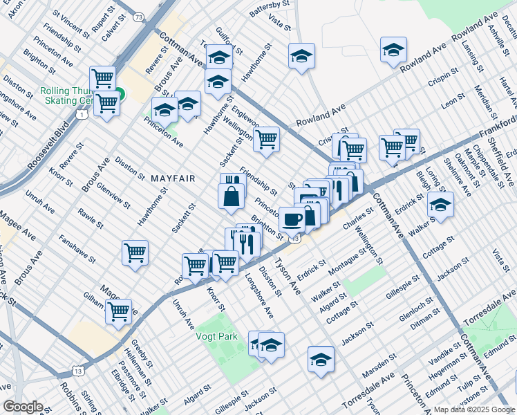map of restaurants, bars, coffee shops, grocery stores, and more near 3342 Princeton Avenue in Philadelphia