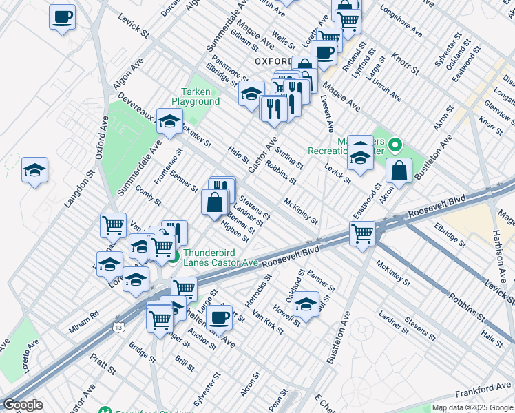 map of restaurants, bars, coffee shops, grocery stores, and more near 1414 Devereaux Avenue in Philadelphia