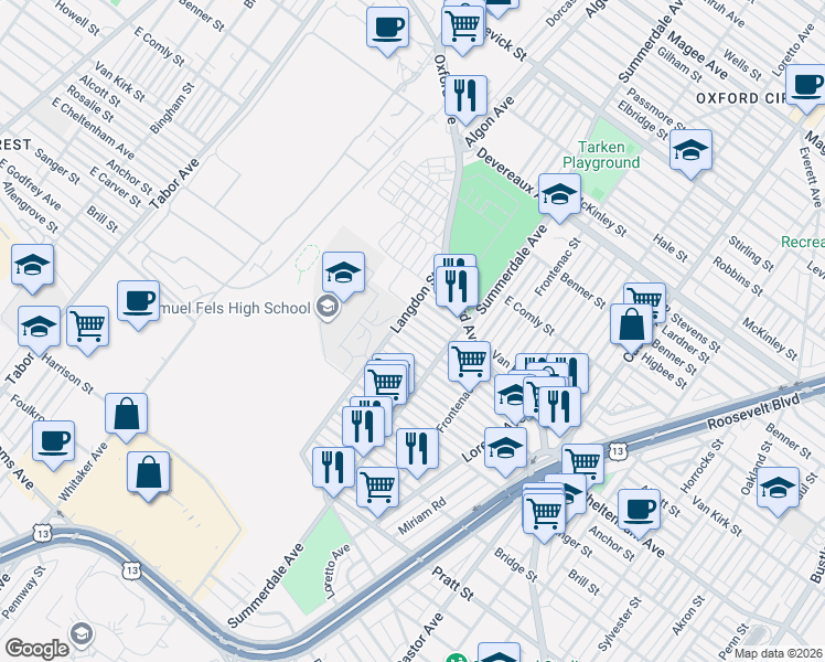map of restaurants, bars, coffee shops, grocery stores, and more near 1033 Alcott Street in Philadelphia