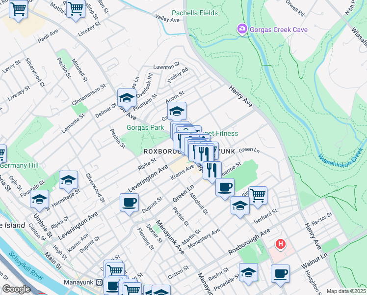 map of restaurants, bars, coffee shops, grocery stores, and more near 6219 Ridge Avenue in Philadelphia