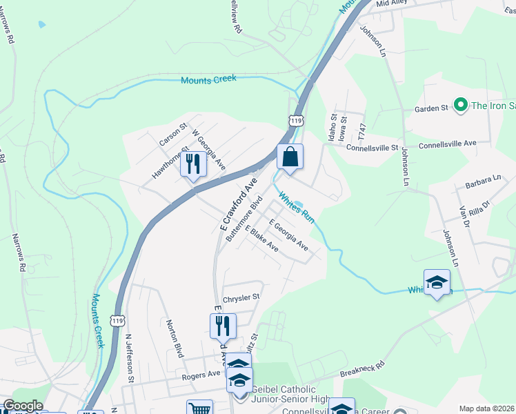 map of restaurants, bars, coffee shops, grocery stores, and more near 1508 East Crawford Avenue in Connellsville