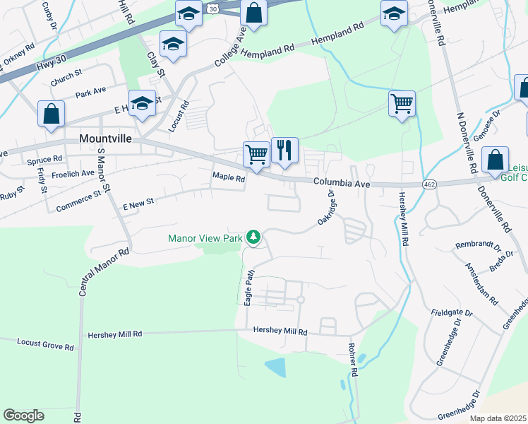 map of restaurants, bars, coffee shops, grocery stores, and more near 111 Village Drive in Mountville