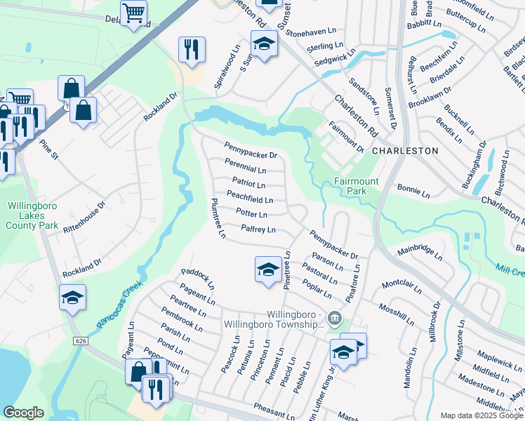 map of restaurants, bars, coffee shops, grocery stores, and more near 41 Potter Lane in Willingboro