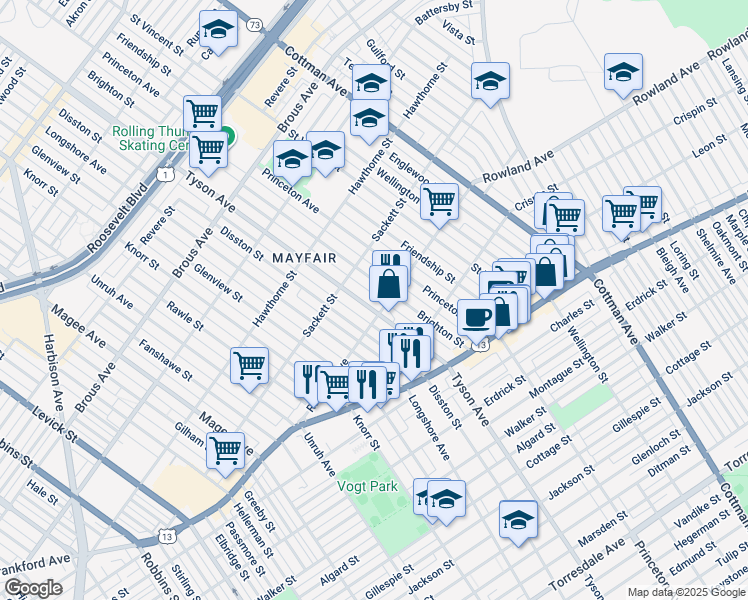 map of restaurants, bars, coffee shops, grocery stores, and more near 3245 Tyson Avenue in Philadelphia