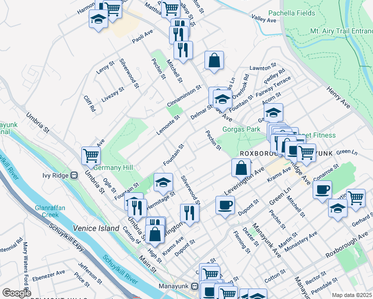 map of restaurants, bars, coffee shops, grocery stores, and more near 4772 Manayunk Avenue in Philadelphia
