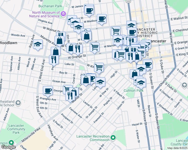 map of restaurants, bars, coffee shops, grocery stores, and more near 26 West Filbert Street in Lancaster