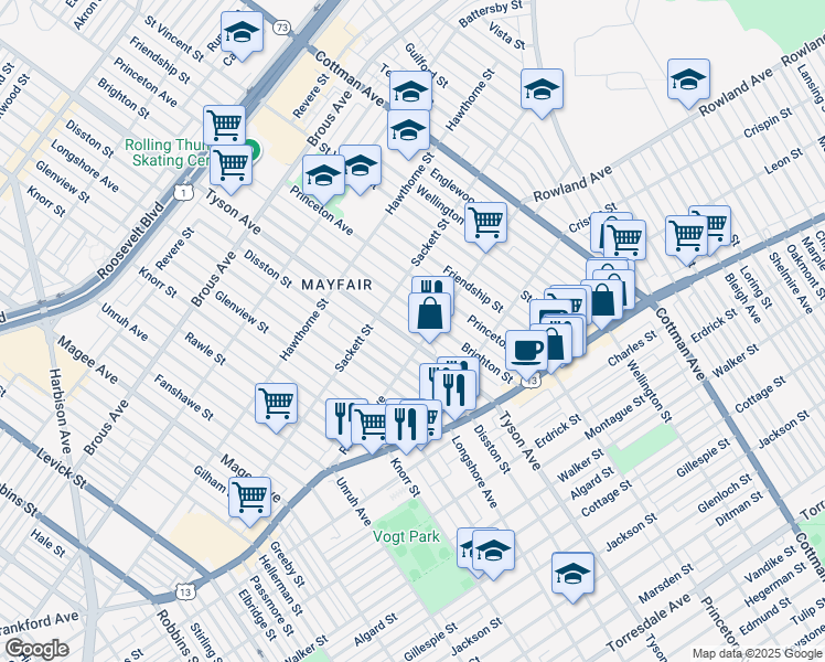 map of restaurants, bars, coffee shops, grocery stores, and more near 3245 Tyson Avenue in Philadelphia