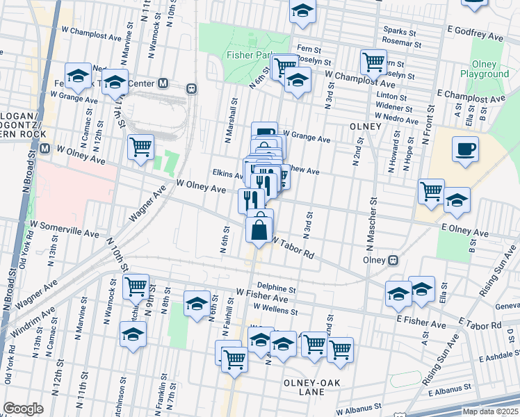 map of restaurants, bars, coffee shops, grocery stores, and more near 5544 North 5th Street in Philadelphia