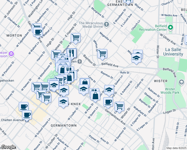 map of restaurants, bars, coffee shops, grocery stores, and more near 218 Church Lane in Philadelphia
