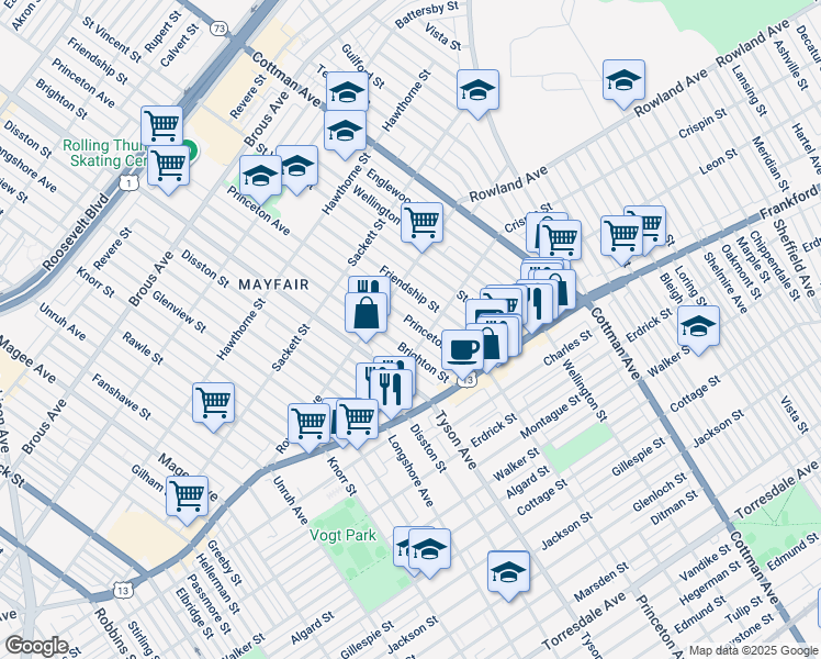 map of restaurants, bars, coffee shops, grocery stores, and more near 3342 Princeton Avenue in Philadelphia