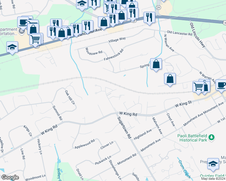 map of restaurants, bars, coffee shops, grocery stores, and more near 14 Kerry Lane in Malvern