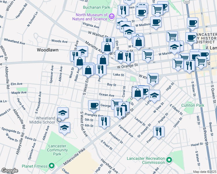 map of restaurants, bars, coffee shops, grocery stores, and more near 138 Ruby Street in Lancaster