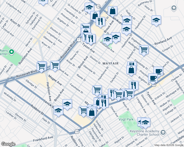 map of restaurants, bars, coffee shops, grocery stores, and more near 3012 Longshore Avenue in Philadelphia