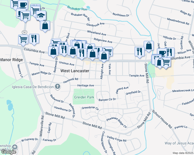 map of restaurants, bars, coffee shops, grocery stores, and more near 1737 Hemlock Road in Lancaster
