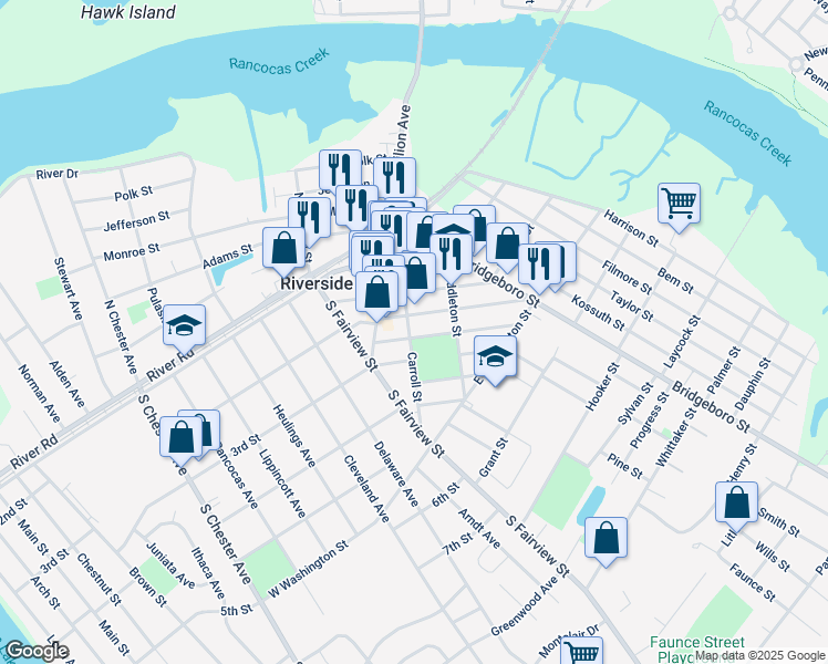 map of restaurants, bars, coffee shops, grocery stores, and more near 29 Spring Garden Street in Riverside